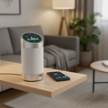 Smart Wi-Fi Indoor Air Quality Station on a living-room shelf with glowing display and companion app on smartphone