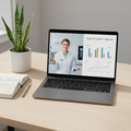 Laptop on a bright desk showing a live video consultation with an indoor-air specialist