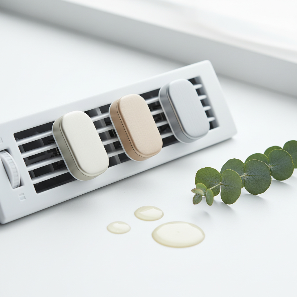 Sleek vent-clip air fresheners in soft neutral colors on a white air vent grille with eucalyptus sprigs