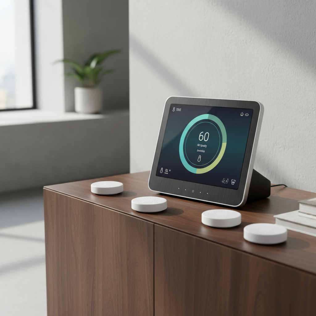 Sleek central air-monitoring hub with color touchscreen on a console table with small white room sensors nearby