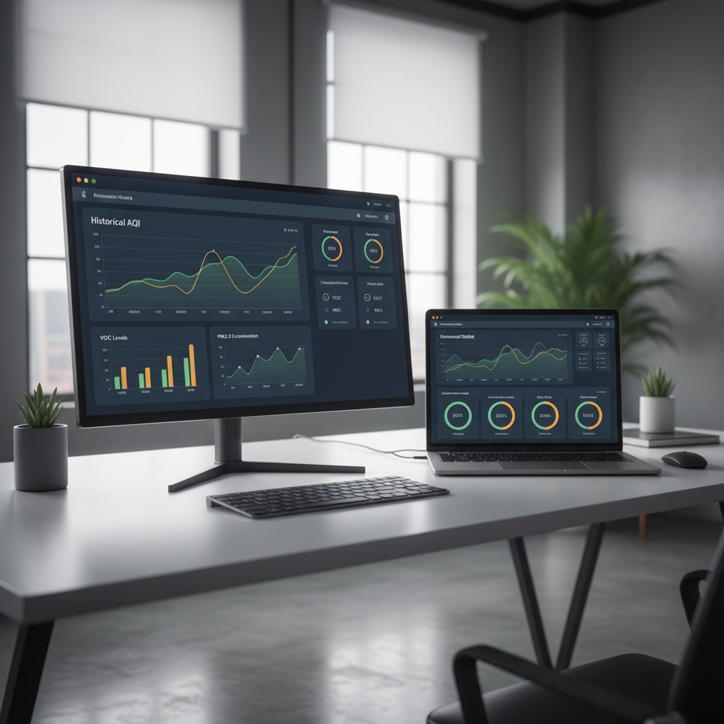 Widescreen monitor and laptop showing a multi-room air-quality analytics dashboard with real-time graphs