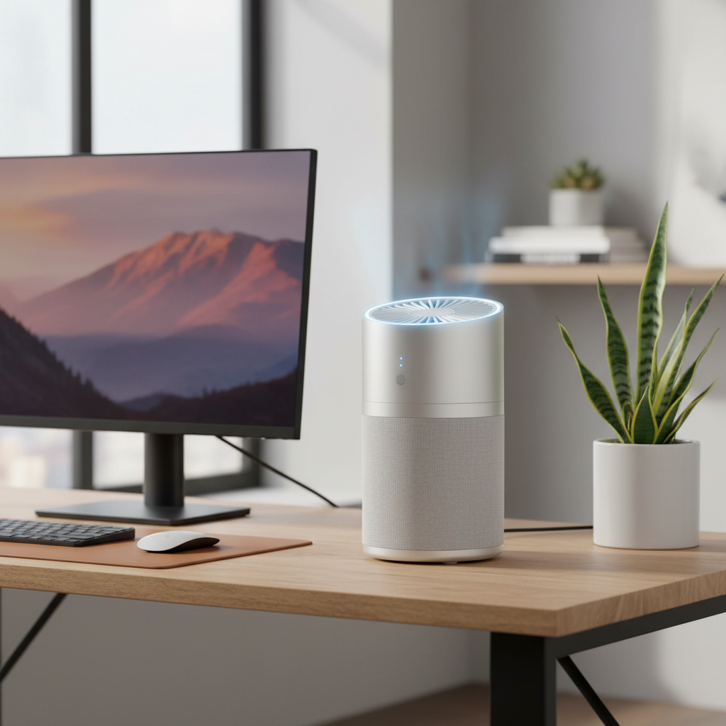 Small cylindrical HEPA desktop air purifier on a tidy work desk beside a monitor and plant, ambient glow