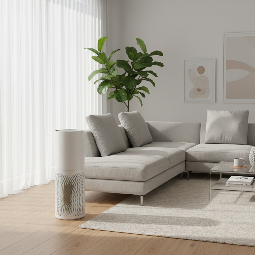Tall modern white large-room HEPA air purifier in a bright living room beside a sofa and plant