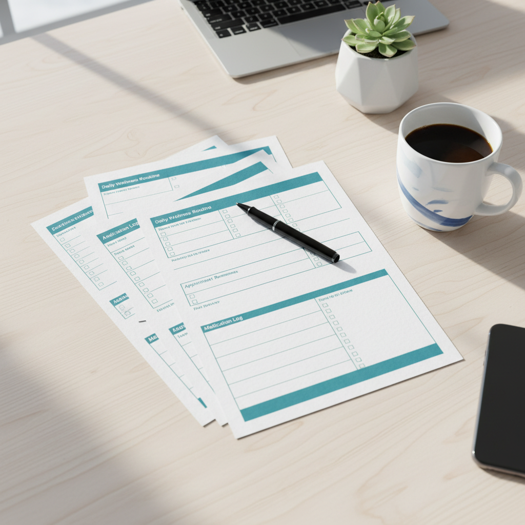 Flat-lay of printed home-health checklists on a wooden desk with pen, coffee mug, and small plant