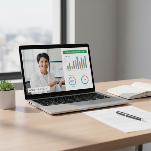 Laptop on a bright desk showing a live video consultation with an indoor-air specialist and air-quality report on screen