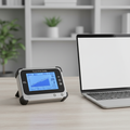 Professional handheld multi-gas indoor air quality meter with color screen on a desk beside a laptop