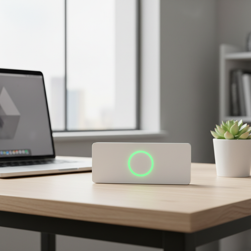 Slim color-changing air quality card on a light desk beside a laptop and small plant, green indicator zone