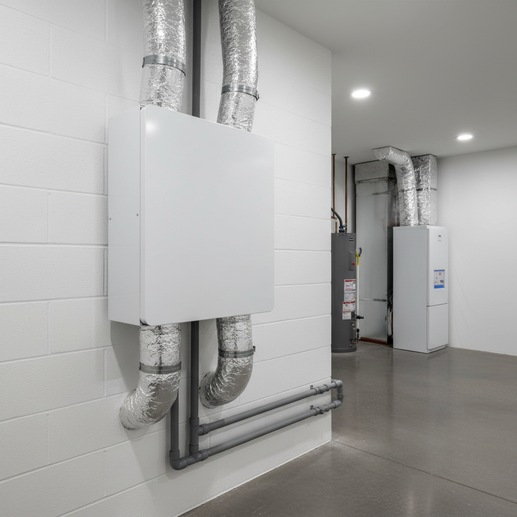 Wall-mounted whole-house ventilation and heat-recovery unit with duct connections in a clean utility room