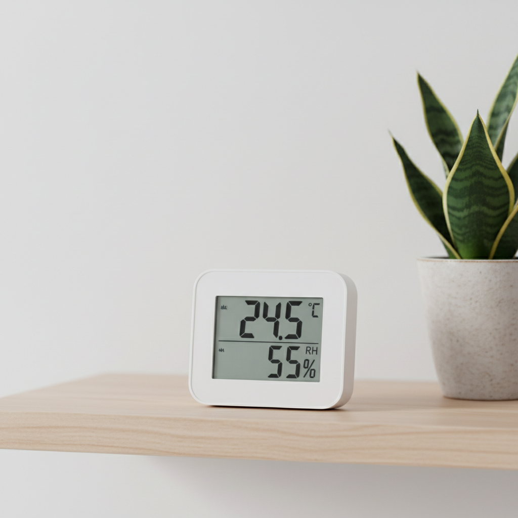 Minimalist white digital hygrometer on a clean shelf next to a houseplant, Scandinavian aesthetic