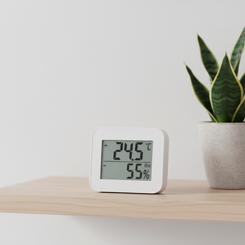 Minimalist white digital hygrometer on a clean shelf next to a houseplant, Scandinavian aesthetic