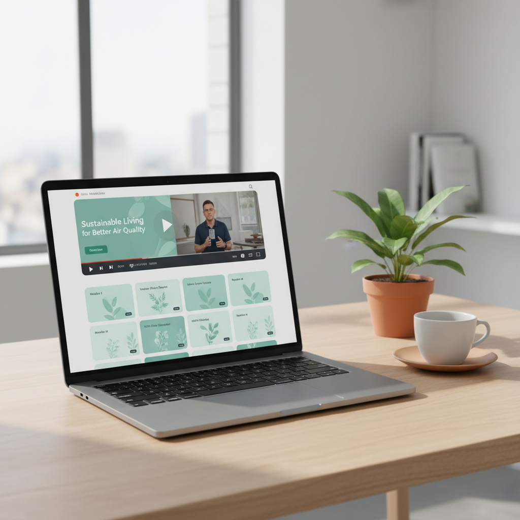 E-learning mockup showing a video masterclass dashboard on a laptop with clean-air lesson thumbnails on a bright desk
