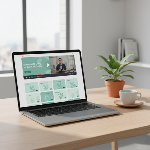 E-learning mockup showing a video masterclass dashboard on a laptop with clean-air lesson thumbnails on a bright desk